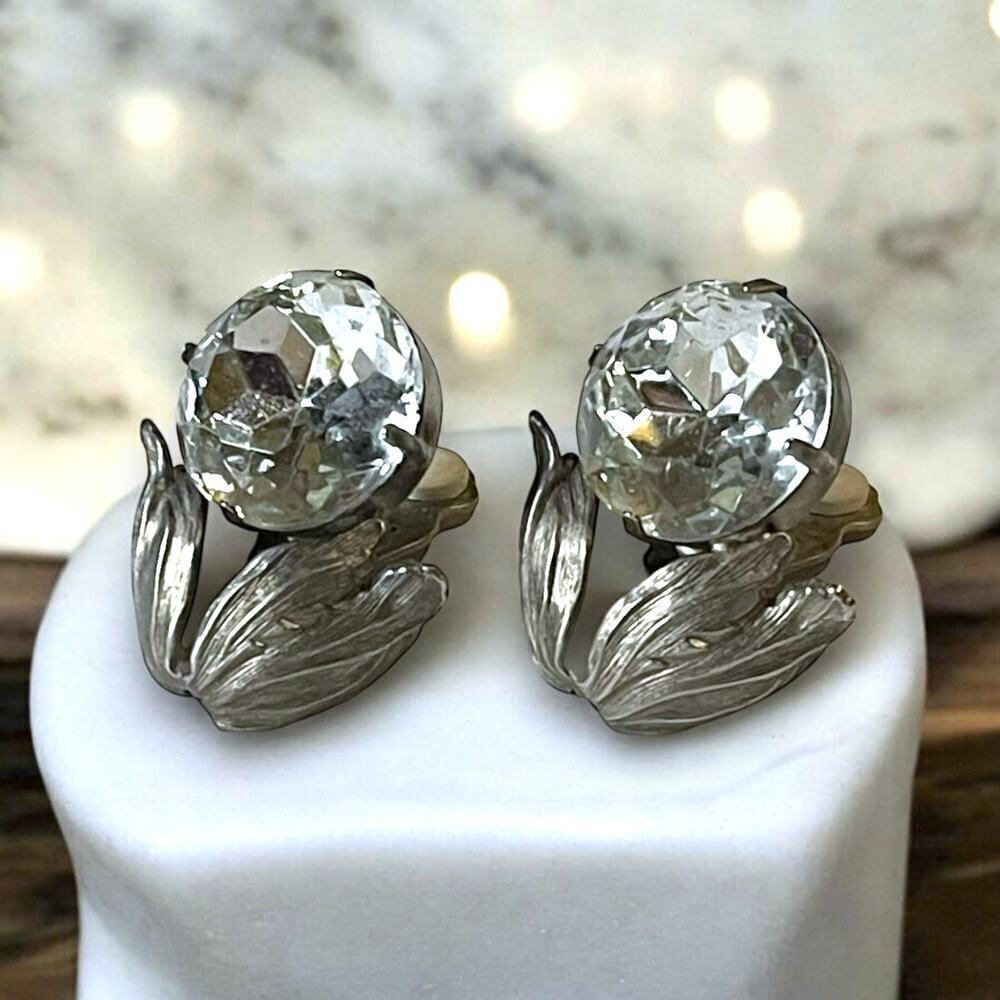 Vintage Norma Jean Earrings Womens Large Rhinestone Flower Design Clip On